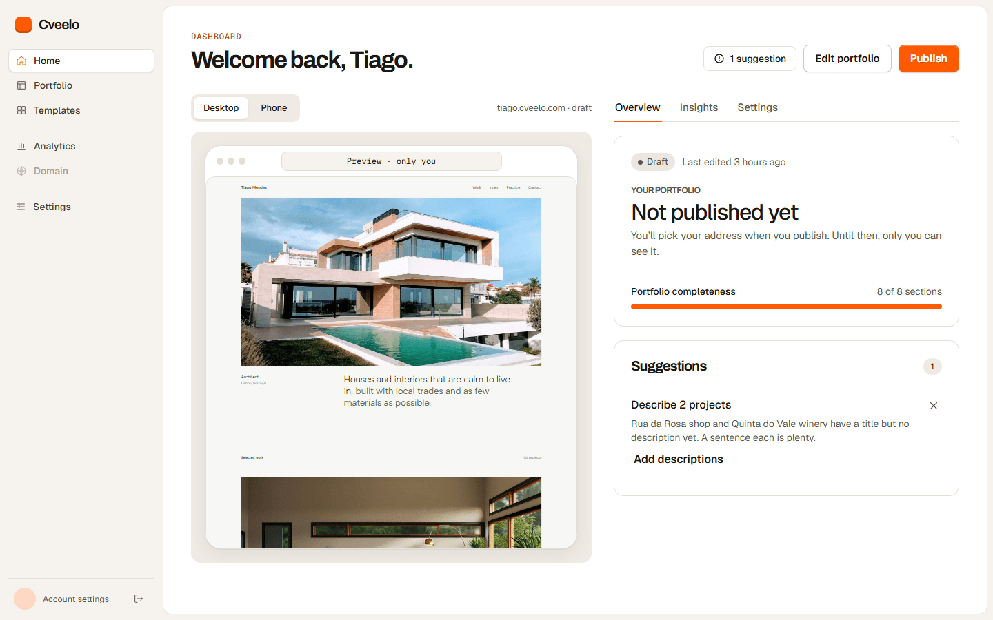 The dashboard of a portfolio: preview, status and suggestions