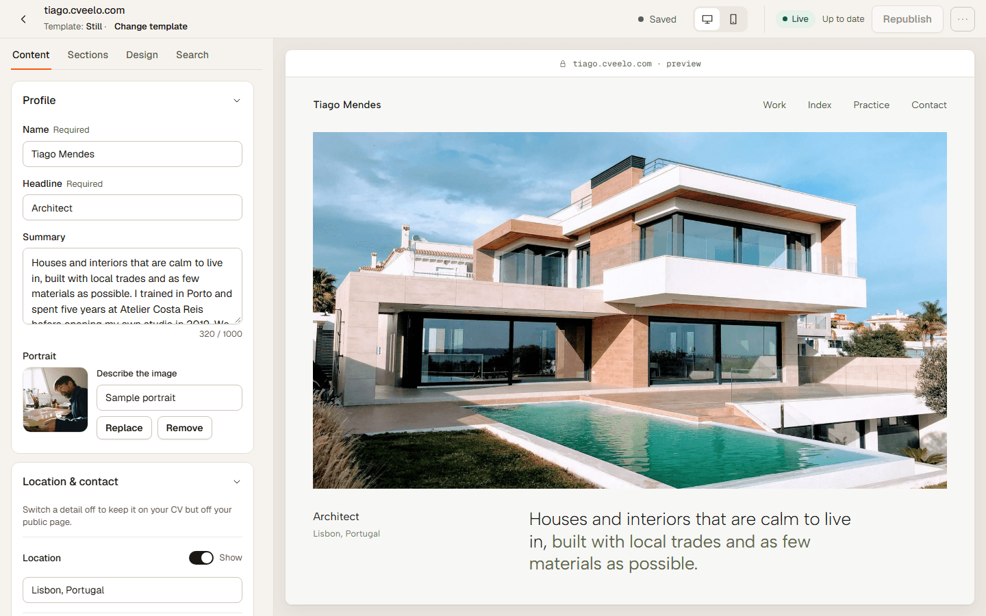 The editor: your content on the left, a live preview on the right
