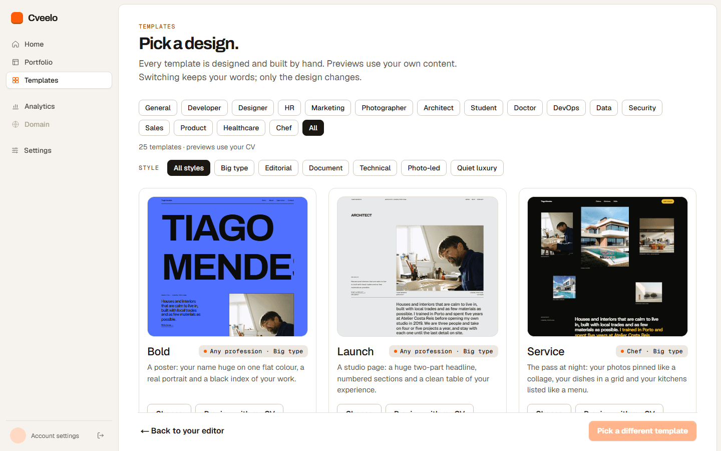 Choosing a hand-made template, previewed with your own content