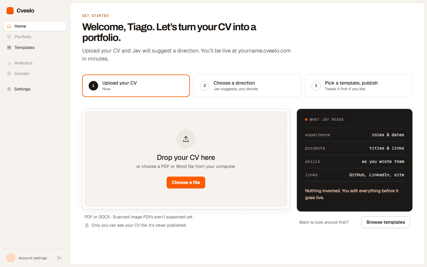 The Cveelo dashboard, ready for you to upload your CV